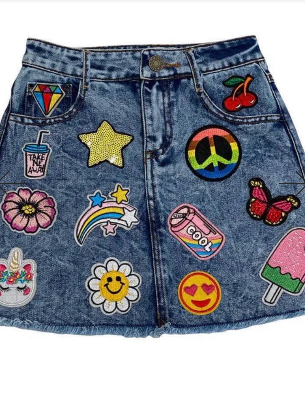 Lola + The Boys Denim A-Line Skirt with Colorful Patchwork - Picture 2 of 5